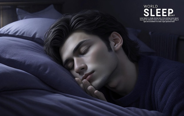 PSD a beautiful realistic young man is sleeping in her dark bedroom at night