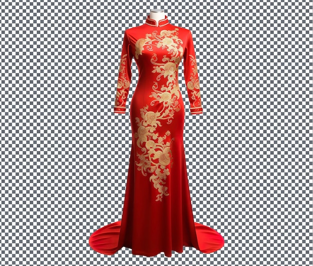 PSD beautiful red ao dai with gold embroidery isolated on transparent background