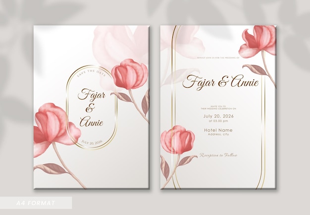 PSD beautiful red flower watercolor wedding invitation template