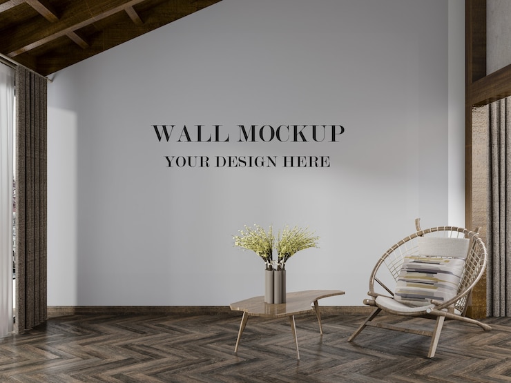 PSD beautiful room with empty wall mockup