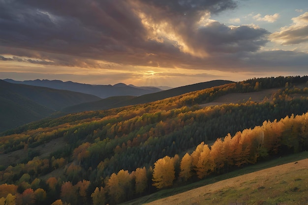 PSD bel paesaggio di montagne e foreste in autunno