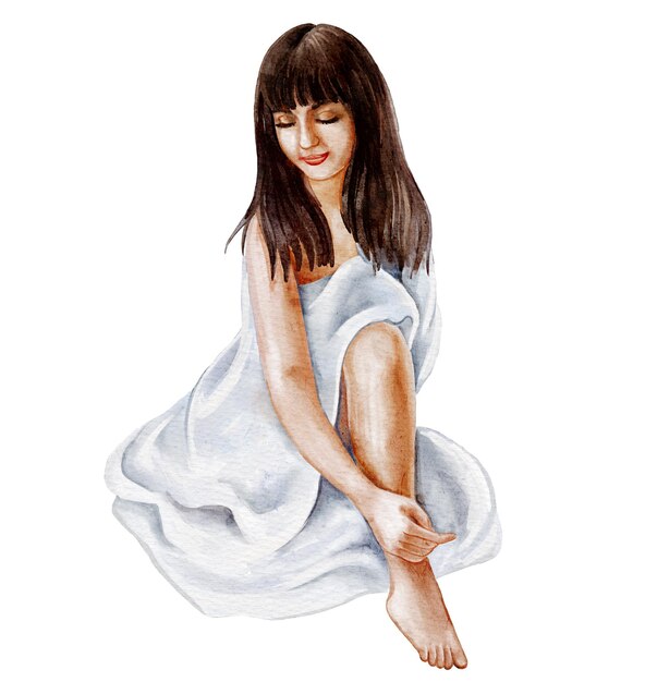 PSD beautiful sitting girl in white blanket cape halfnaked figure beauty salon womens health