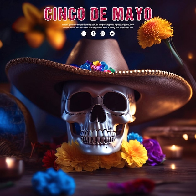 PSD Красивый череп с плакатом cinco de mayo