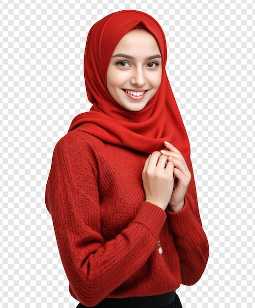 PSD bella ragazza russa con il hijab sorridente in maglione rosso isolata su uno sfondo trasparente