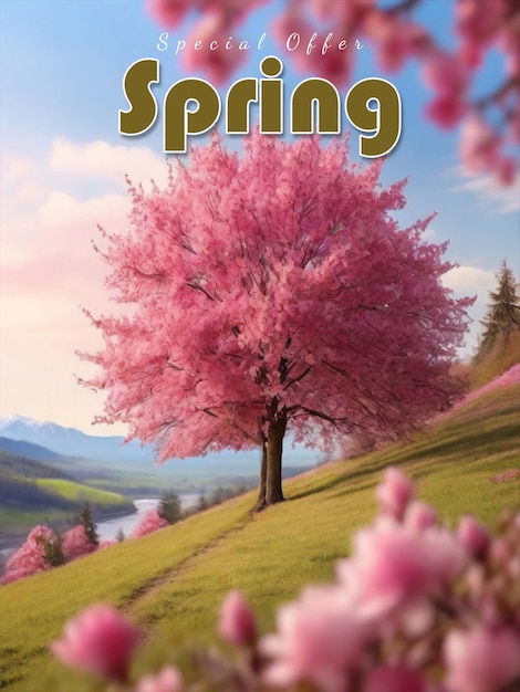 PSD 아름다운 봄 포스터 꽃이 피는 장미 덤불