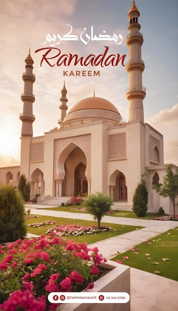 PSD bel paesaggio soleggiato, moschea 3d, post sui social media per i saluti islamici e il ramadan kareem