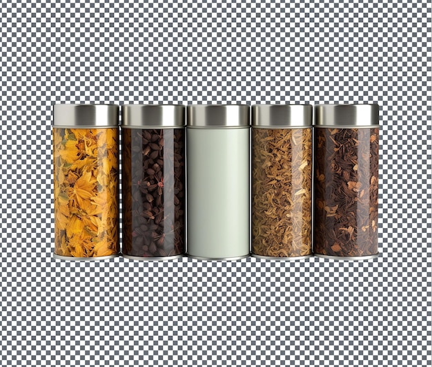 PSD beautiful tea tin canisters isolated on transparent background