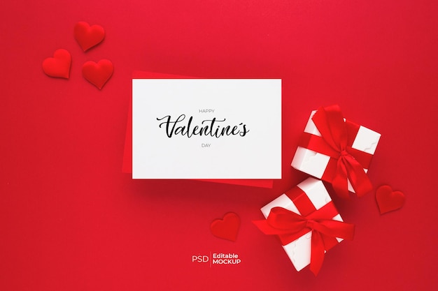 Beautiful top view of empty greeting card mockup for Valentines