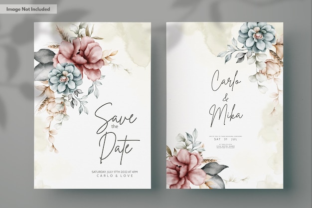 PSD beautiful vintage wedding invitation with watercolor floral wreath