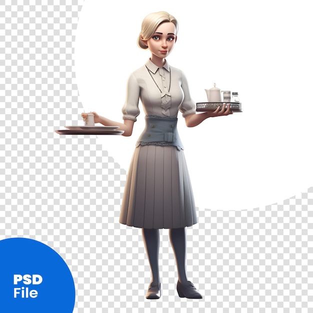 白い背景に分離されたコーヒーのトレイを持つ美しいウェイトレス psd テンプレート