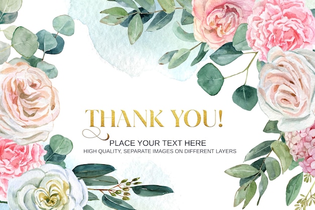 Beautiful watercolor floral frame background Thank you card