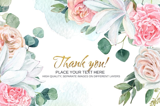 Beautiful watercolor floral frame background Thank you card