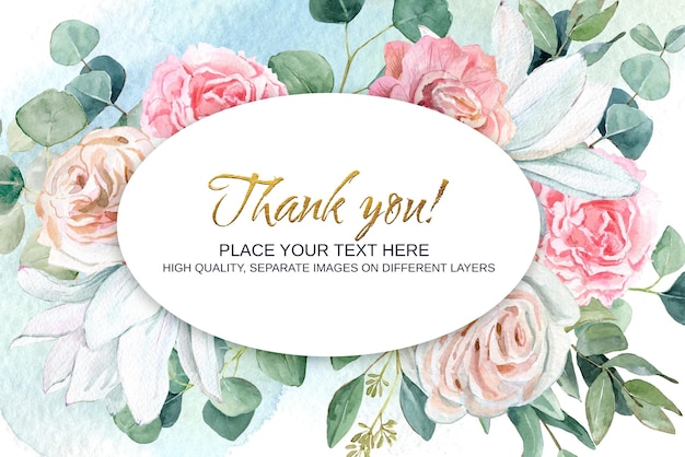 PSD beautiful watercolor floral frame background thank you card