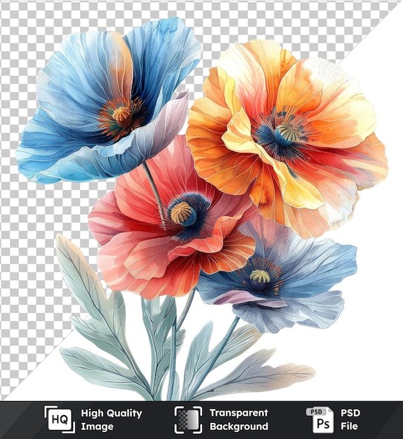 PSD bella acquerella islanda fiori di papavero clipart e foglie elementi floreali dipinti acquerelli