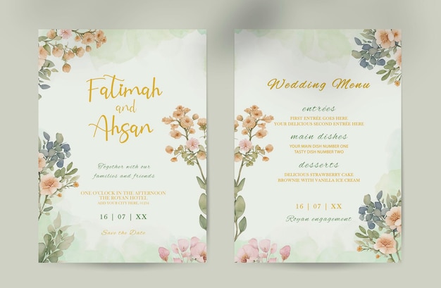녹색 흰색 나무 꽃으로 구성된 아름다운 결혼식 초대 카드