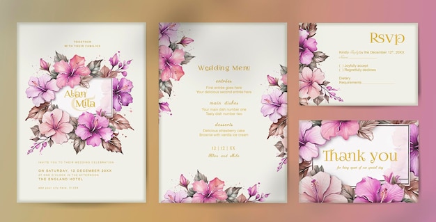 PSD 핑크 골드  나무 꽃 을 가진 아름다운 결혼식 초대 카드 세트