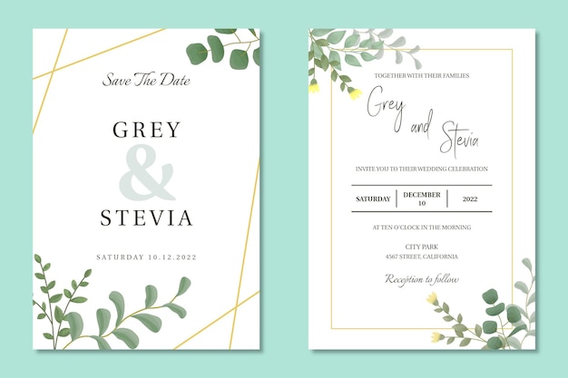 Beautiful wedding invitation card template with watercolor leaf frame