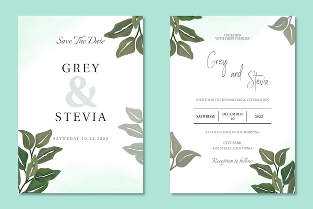 Beautiful wedding invitation card template with watercolor leaf frame