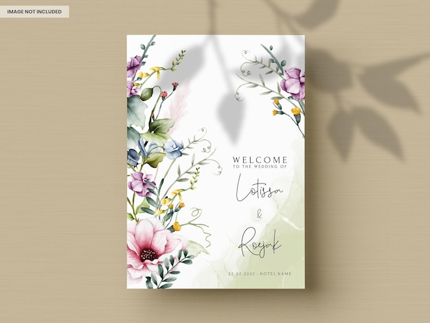Beautiful wedding invitation card with flower and leaves watercolor