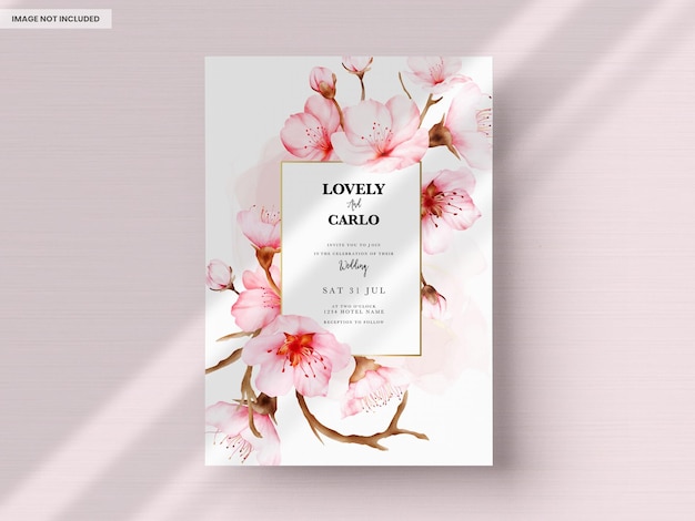 Beautiful wedding invitation card with sweet cherry blossom flower