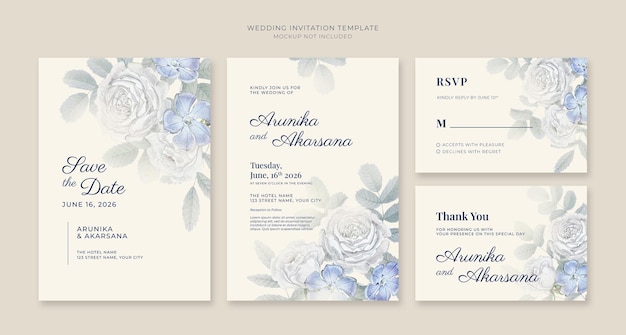 Beautiful wedding invitation template with bouquet flowers on the corner