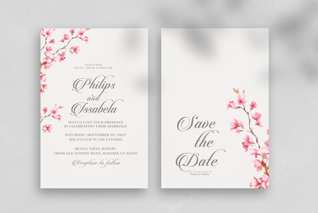 PSD beautiful wedding invitation template with pink cherry blossom032