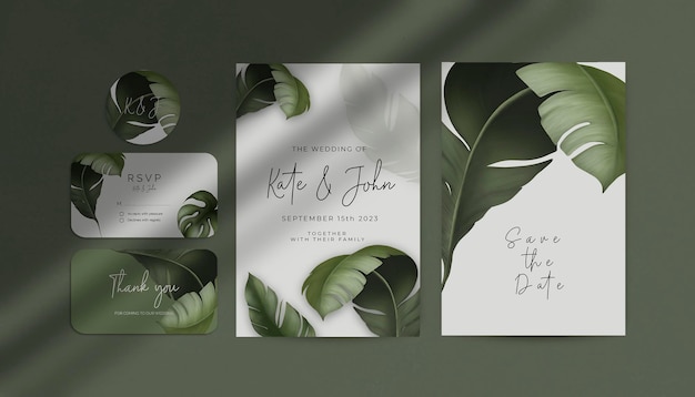 PSD beautiful wedding invitation template with tropical plants