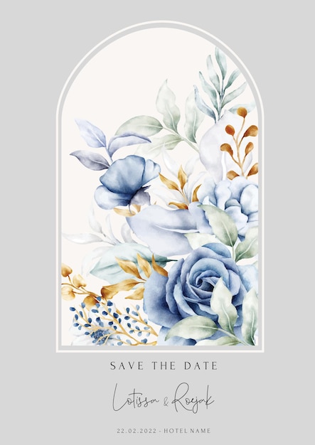 beautiful wedding invitation with blue and gold floral ornament