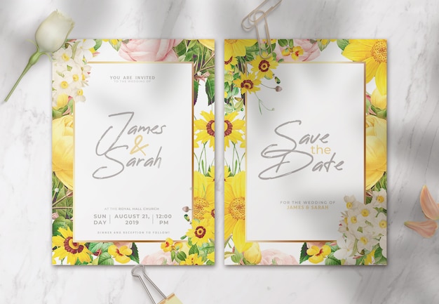 PSD beautiful wedding invitation with flowers