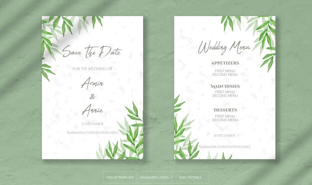 Beautiful wedding invitation with watercolor leaves decoration template