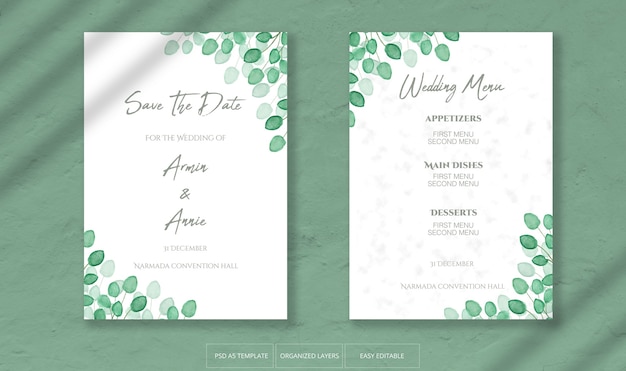Beautiful wedding invitation with watercolor leaves decoration template