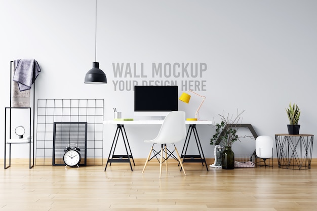 Beautiful white wall mockup interior workspace scandinavian style