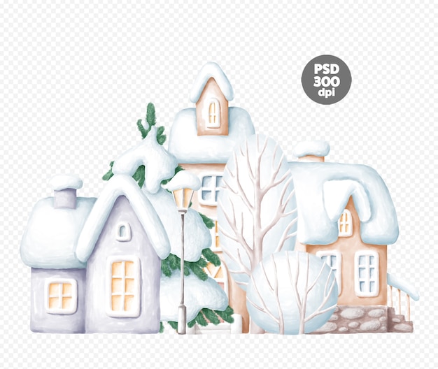 Beautiful winter illustration with trees and houses set isolated