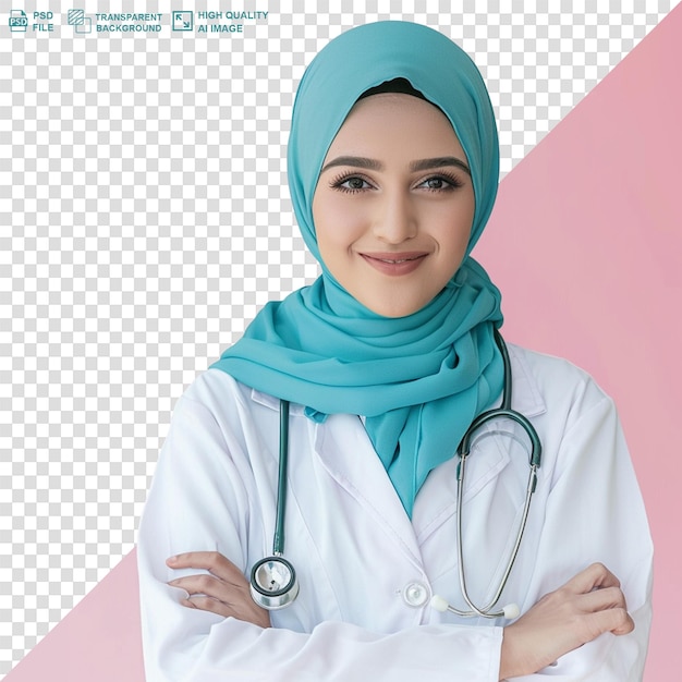 PSD beautiful woman doctor with hijab portrait on transparent background