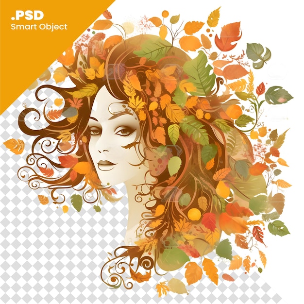 PSD beautiful woman face with autumn leaves in hair. vector illustration. psd template