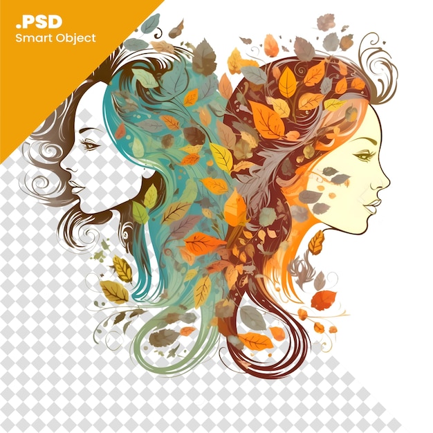 Beautiful woman face with autumn leaves in hair. vector illustration. psd template