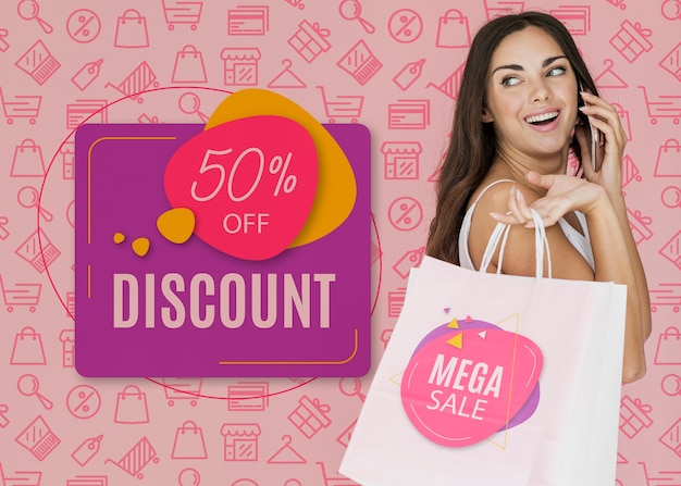 PSD beautiful woman happy with the discounts available