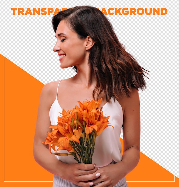 PSD beautiful woman holding flowers