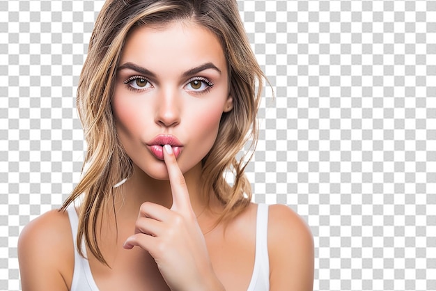Beautiful woman showing finger over lips isolated on a white background