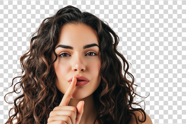 PSD beautiful woman showing finger over lips isolated on a white background