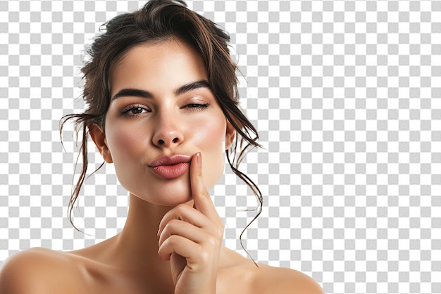 PSD beautiful woman showing finger over lips isolated on a white background