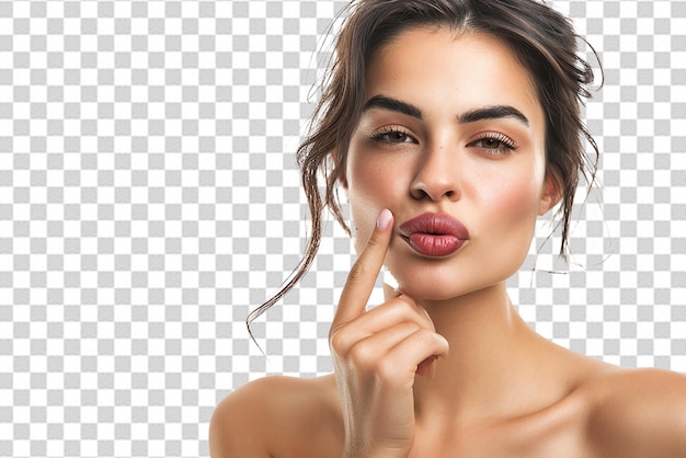 PSD beautiful woman showing finger over lips isolated on a white background