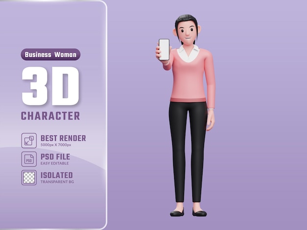 Beautiful woman showing phone screen 3d render business woman character illustration