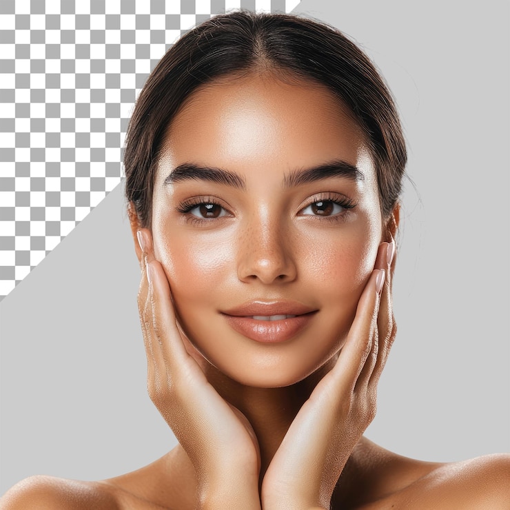 PSD a beautiful woman smiling touching her face with both hands on a transparent background