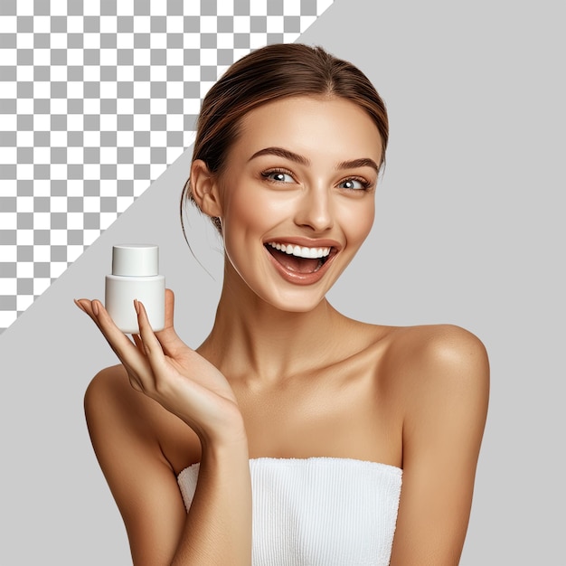 a beautiful woman smiling touching her face with both hands on a transparent background