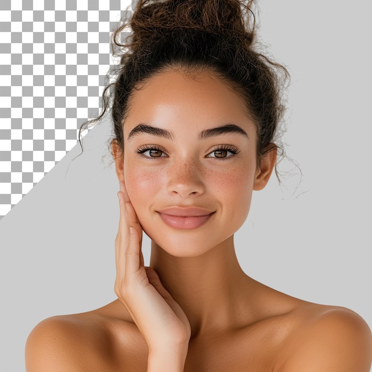 PSD a beautiful woman smiling touching her face with both hands on a transparent background