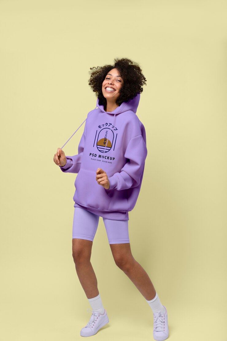 PSD beautiful woman wearing hoodie mockup