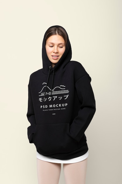 PSD beautiful woman wearing hoodie mockup