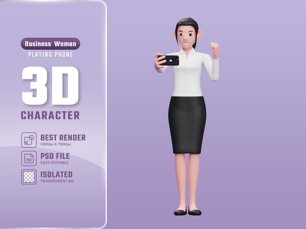 Beautiful woman wearing work clothes celebrating while looking at the phone screen 3d render