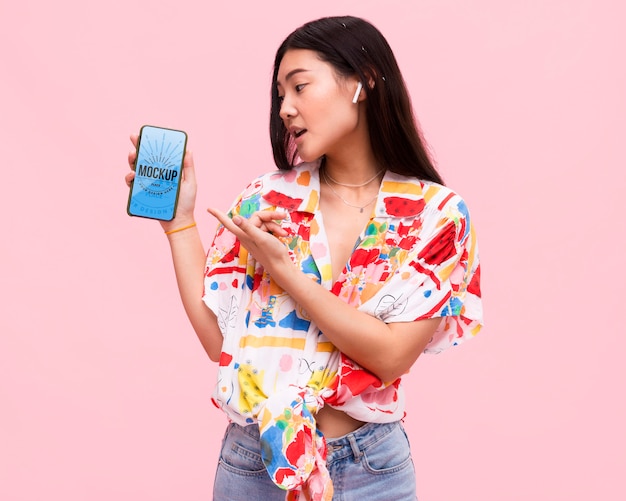 beautiful woman with smartphone mock-up